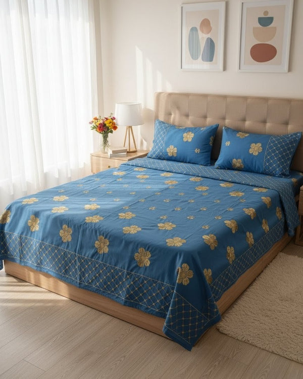 Aqua Gold Embroidery - Bedsheet